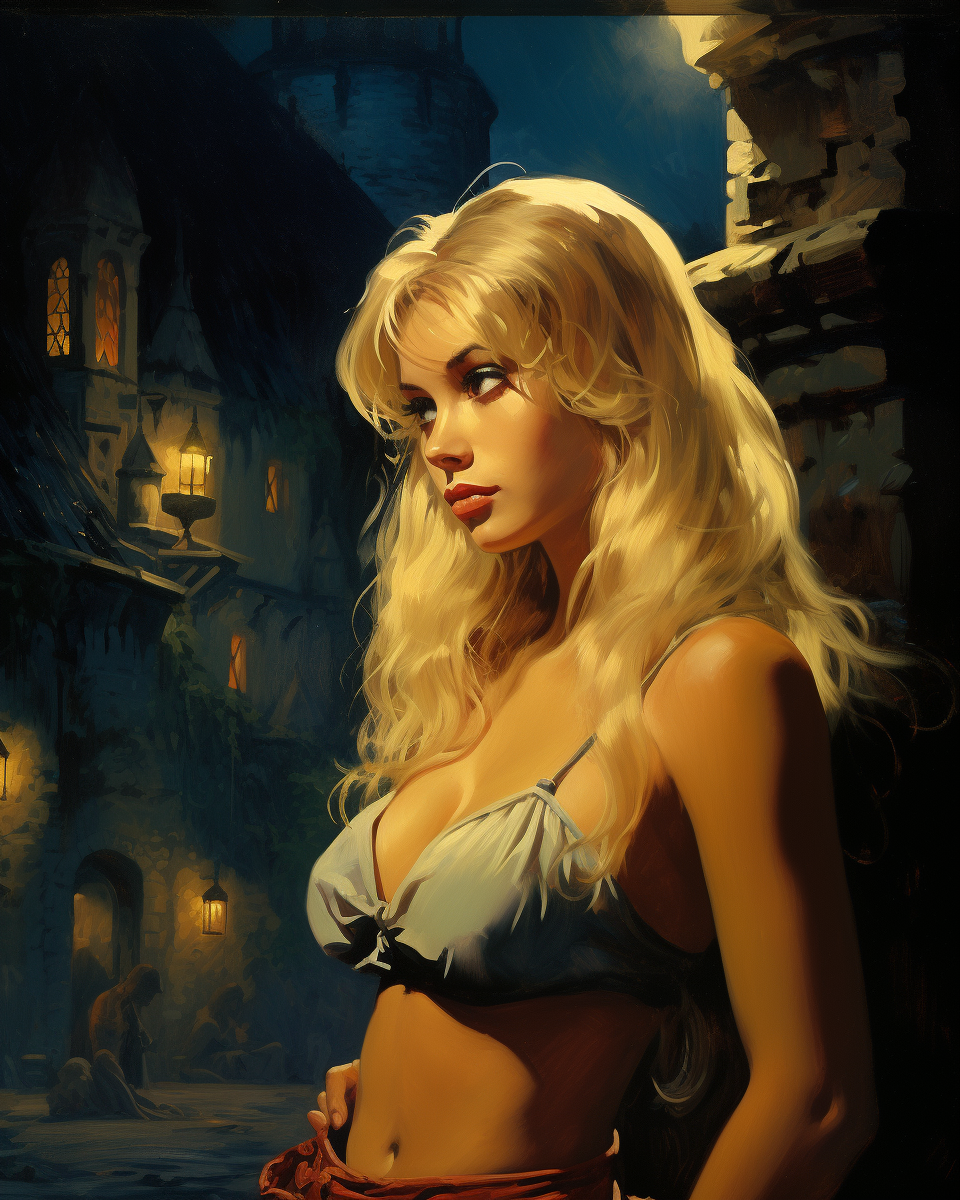 A blonde woman at a castle at night.