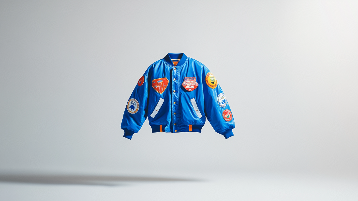 A blue Nike baseball jacket with colorful badges