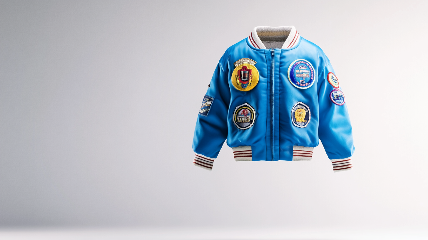 A blue jacket with colorful badges floating