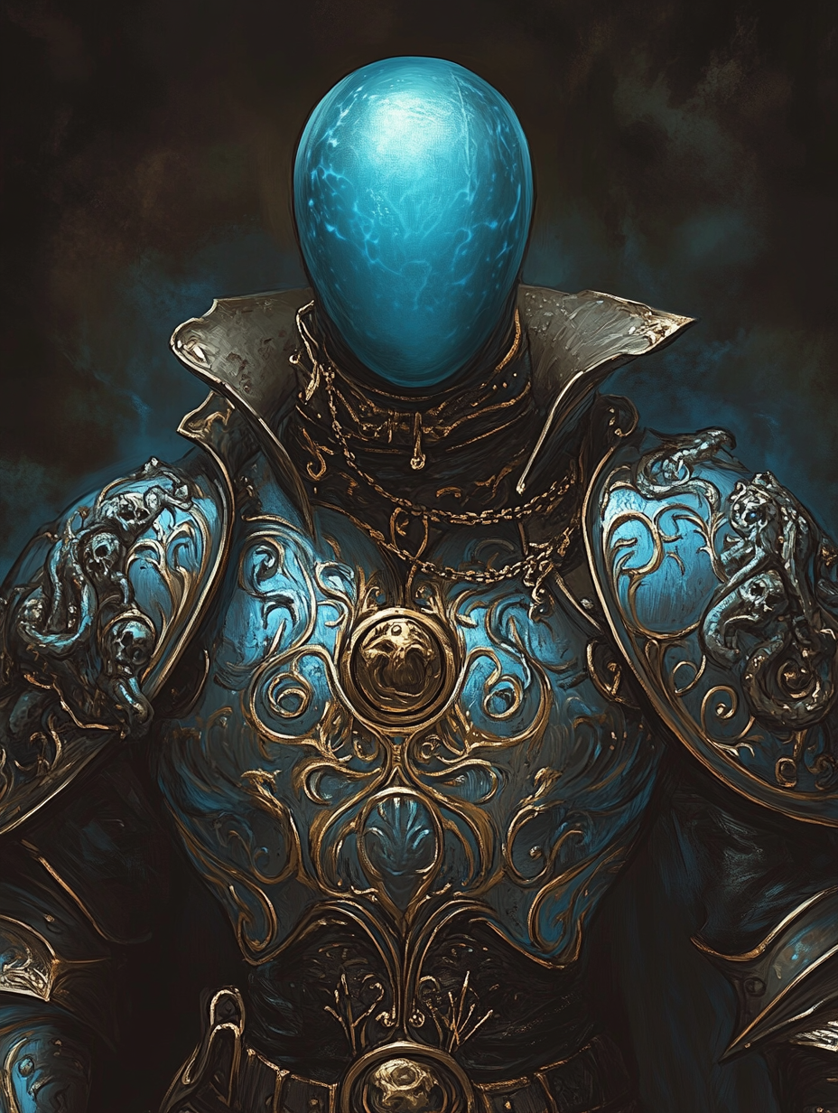 A blue plasmoid figure in silver knight's armor.