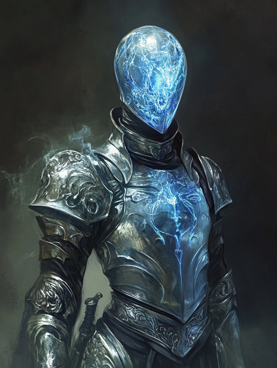 A blue plasmoid wearing shiny silver knight's armor.