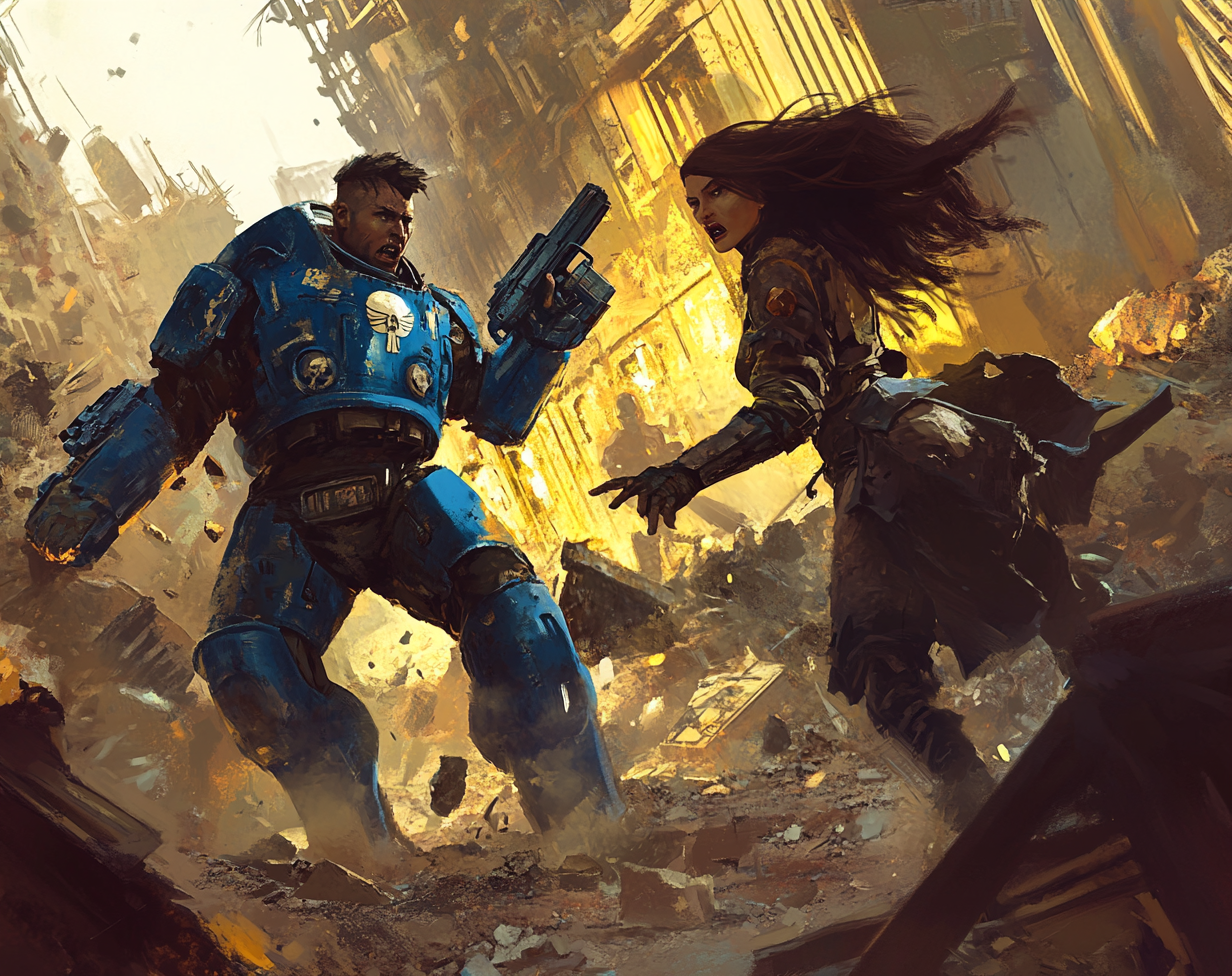 A blue vault dweller and his female companion fighting zombies near a golden city.