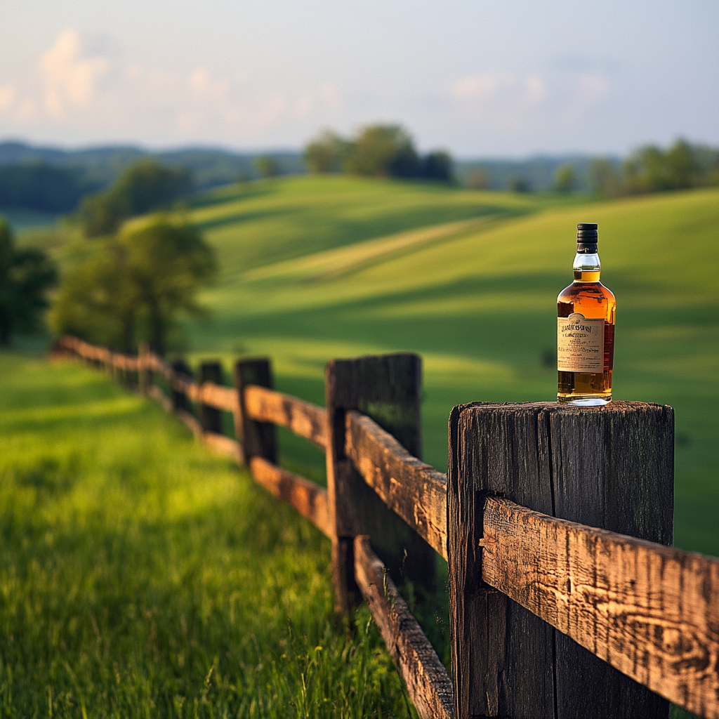 A bourbon bottle on a fence in Kentucky grassy hills.