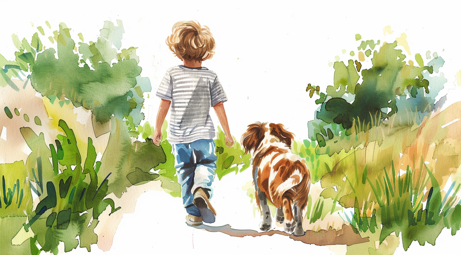 A boy and puppy walking in watercolor painting