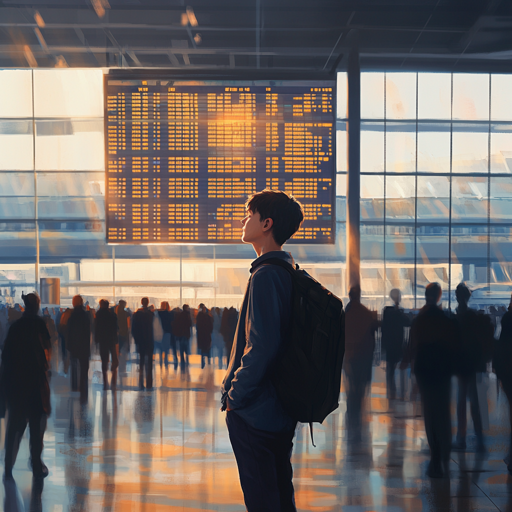 A boy at airport looks at board excitedly