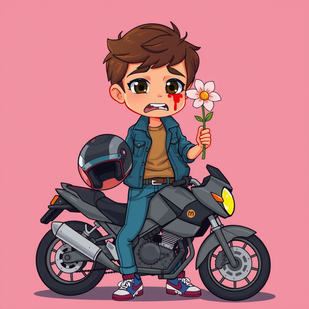 A boy crying with flower and broken motorcycle