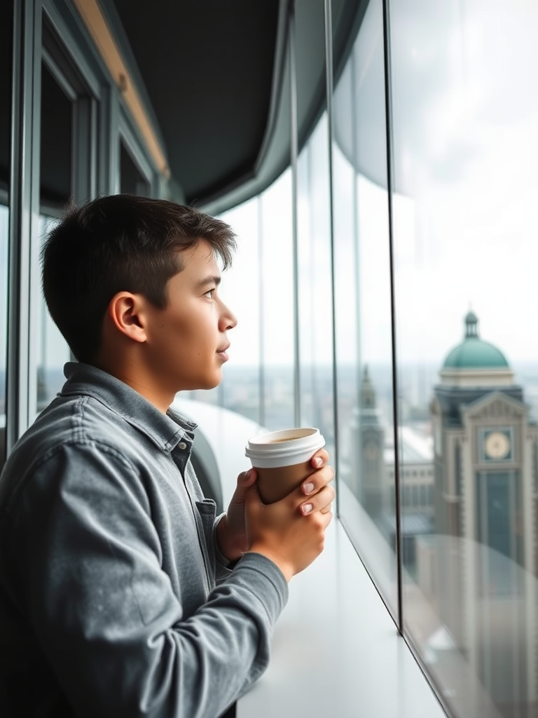 A boy drinks coffee and looks out window.