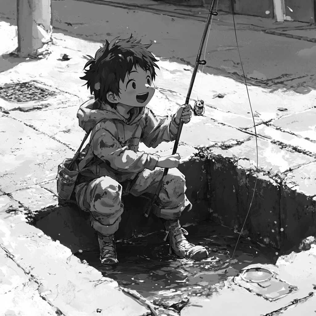 A boy fishing joyfully in city street hole