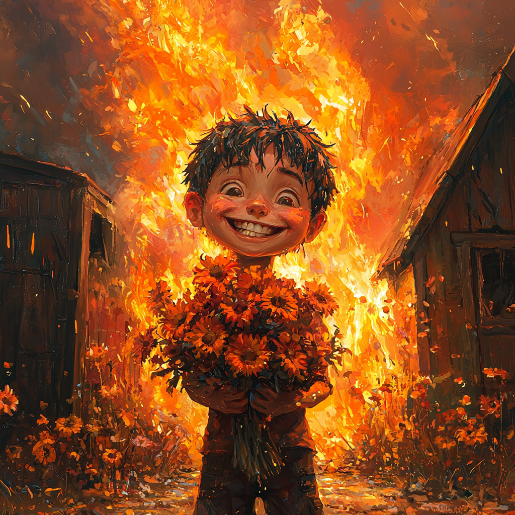 A boy grinning with burnt flowers, shed on fire.