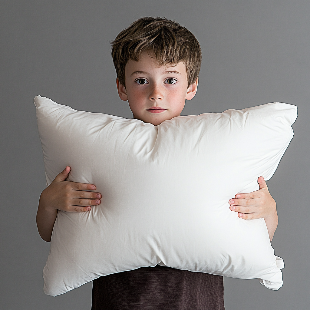 A boy holds big pillow with innocence.