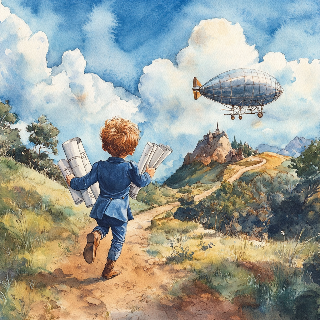 A boy in blue vintage clothes running to airship