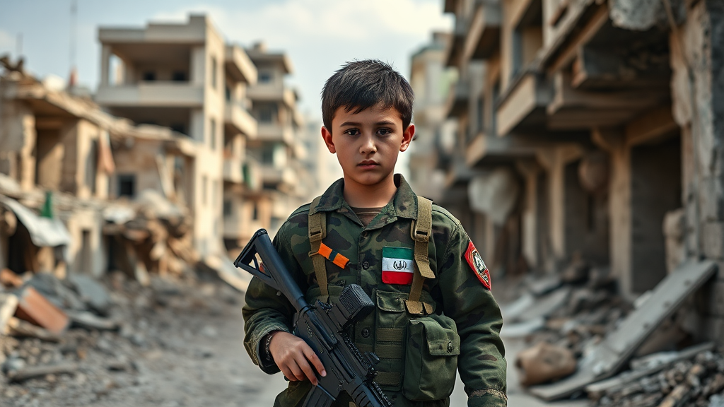 A boy in military uniform with Iranian flag.