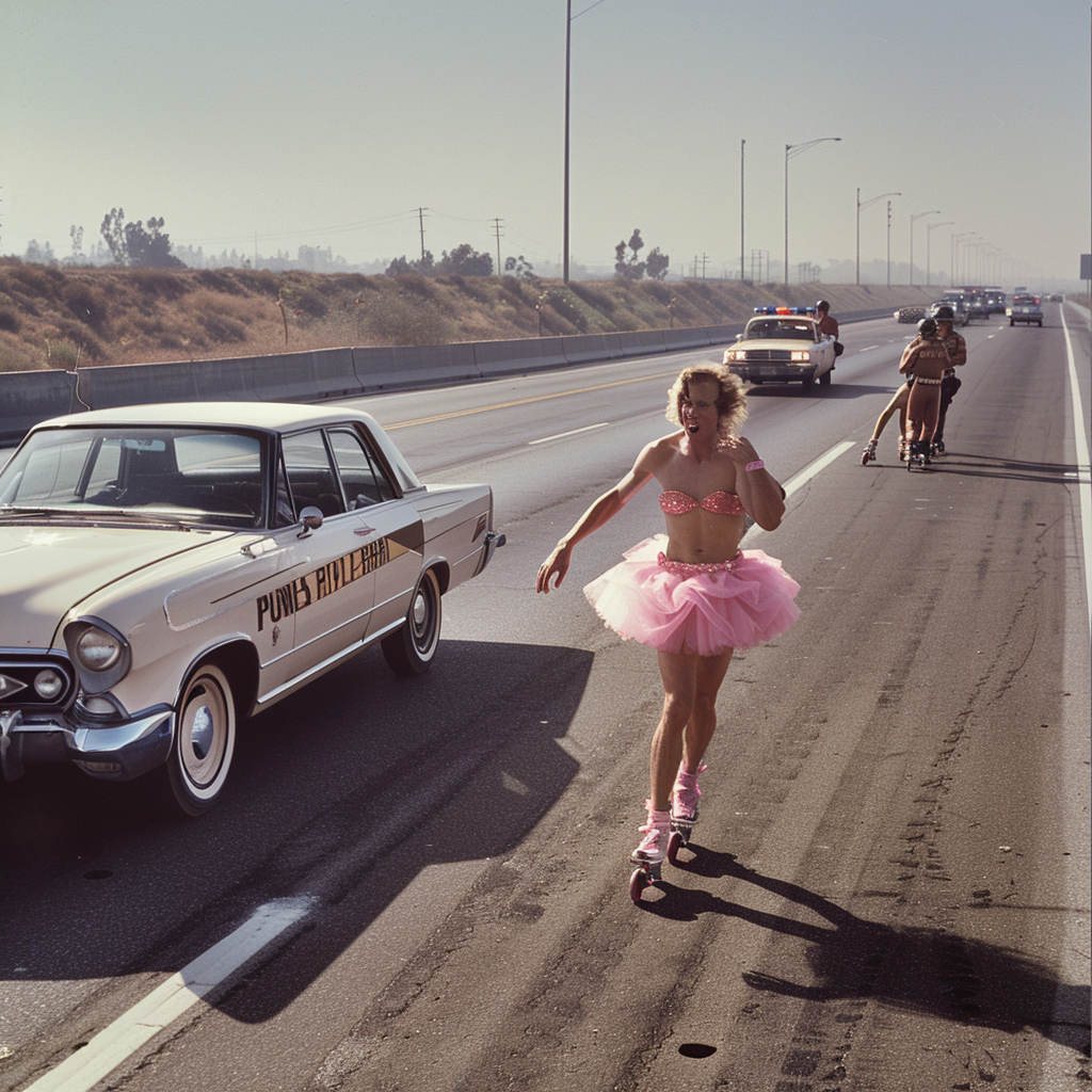 A boy in pink tutu rollerskates evades police