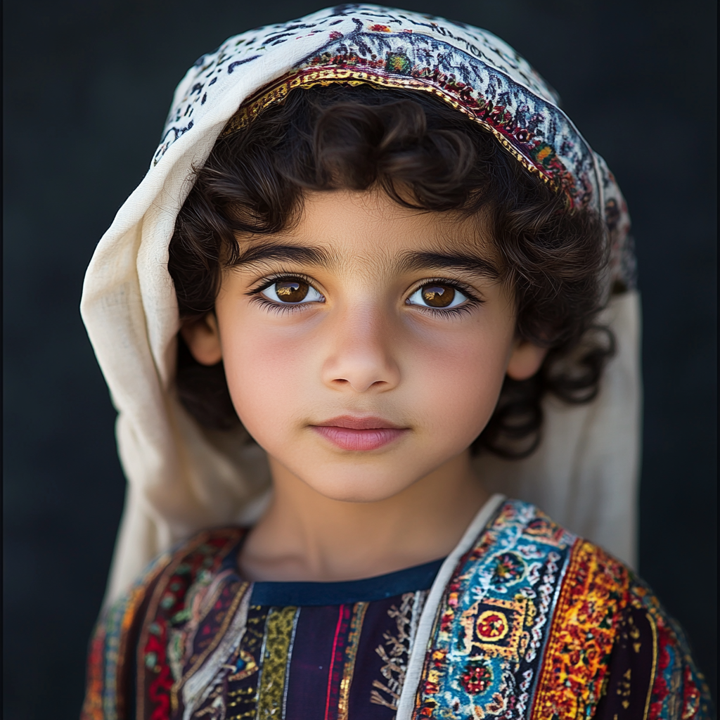 A boy in traditional Arab clothing with curly hair.