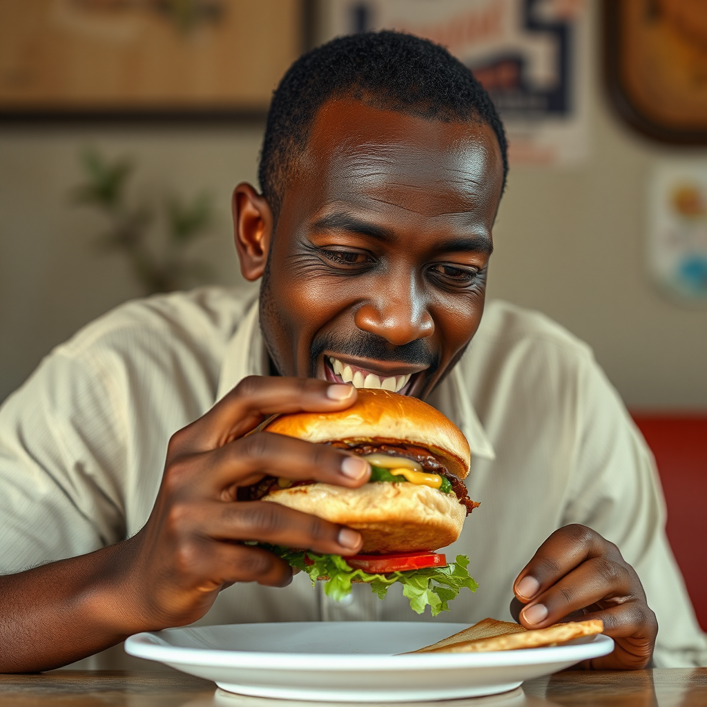 A boy is eating a hamburger.