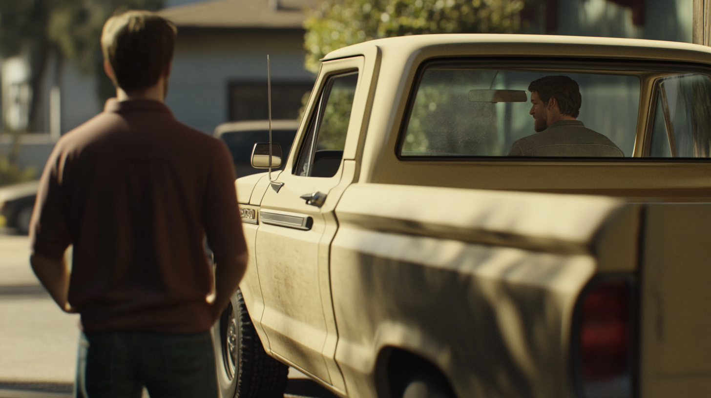 A boy talks to a man by a truck.