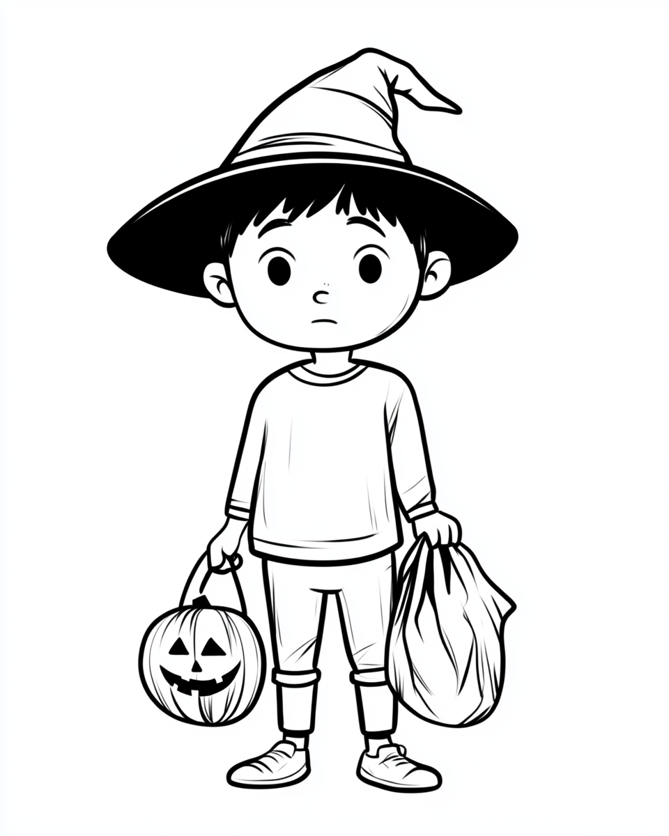 A boy wearing a witch hat, holding a trick-or-treating bag.