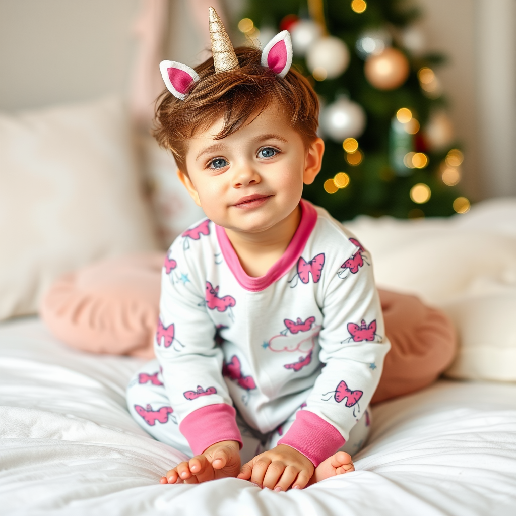 A boy wearing unicorn pajamas.