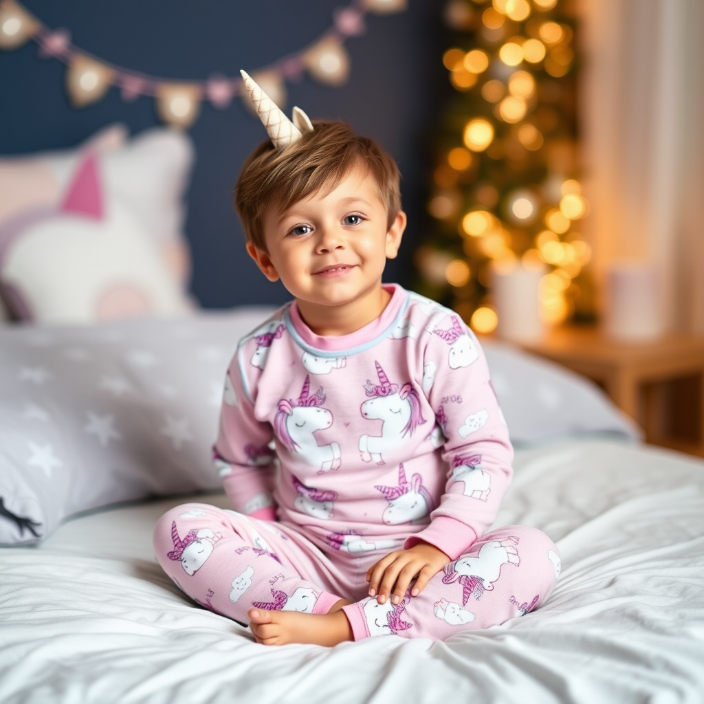 A boy wearing unicorn pajamas.