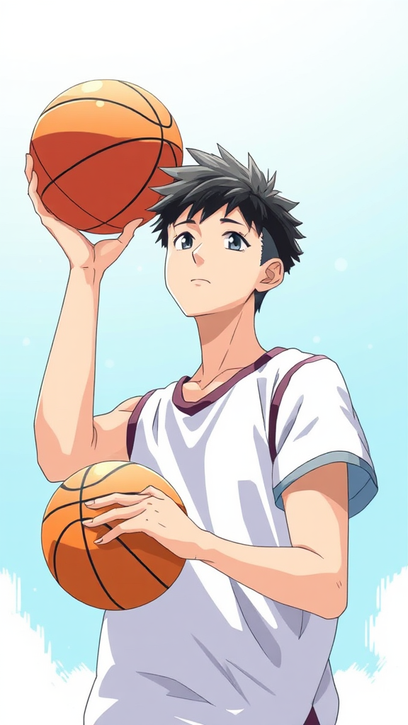 A boy with basketball in anime style scene.