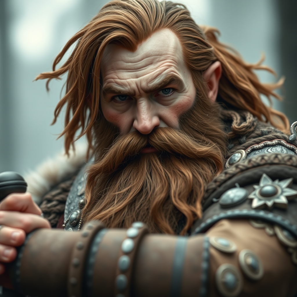 A brave dwarf fighter with brown beard.