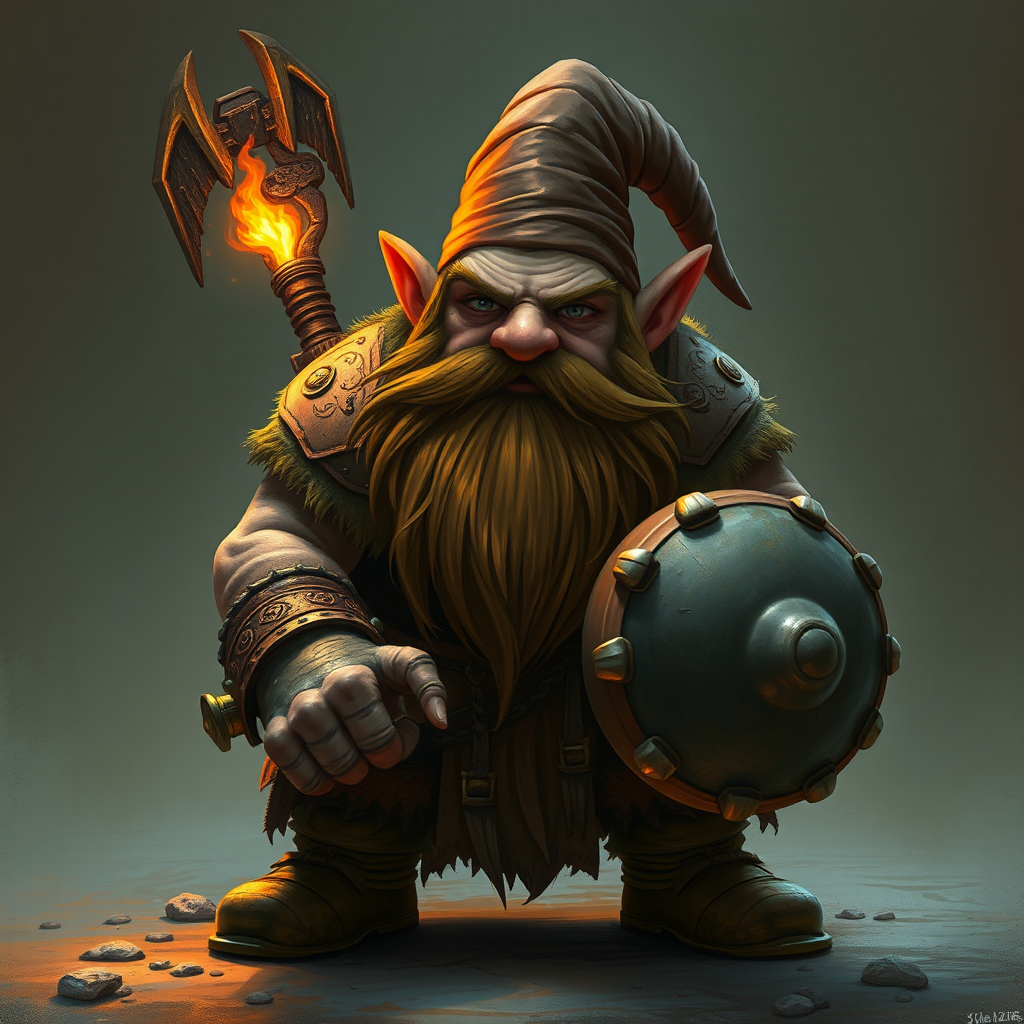 A brave dwarf with a brown beard holds a bomb.