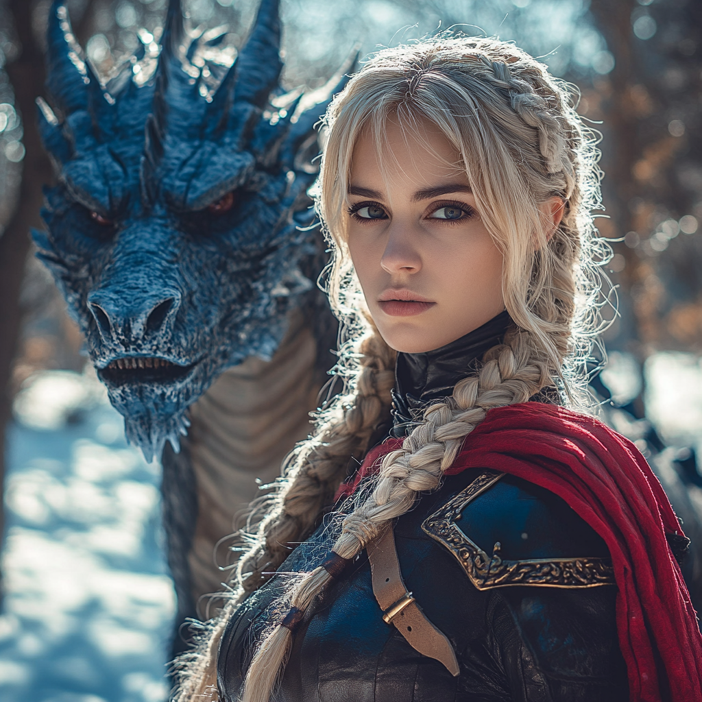 A brave girl in armor with dragon.