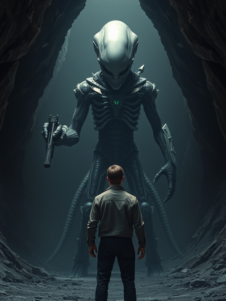 A brave man confronts an intimidating alien foe.