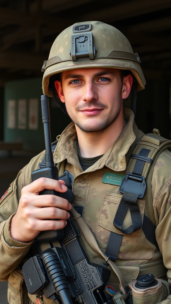 A brave soldier holding a walkie-talkie.