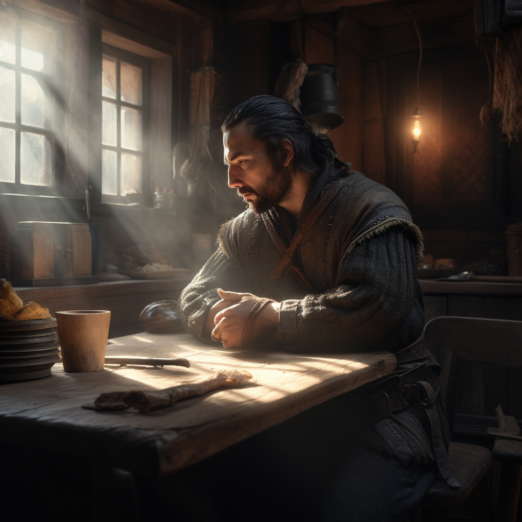 A brave warrior in a medieval tavern morning