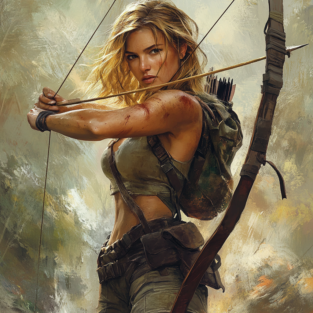 A brave woman adventurer with bow ready.