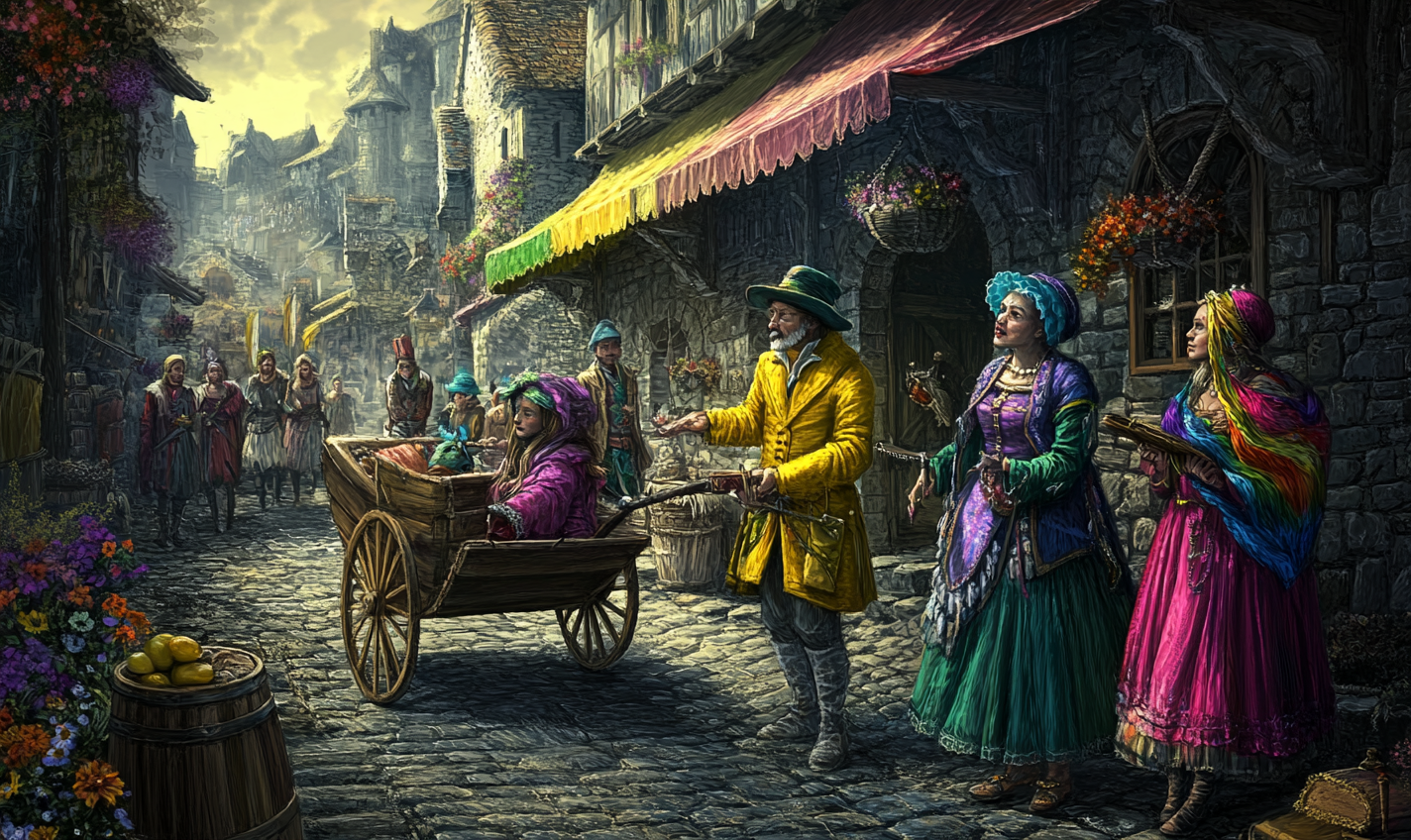 A bright man, old woman, Romani in medieval city.