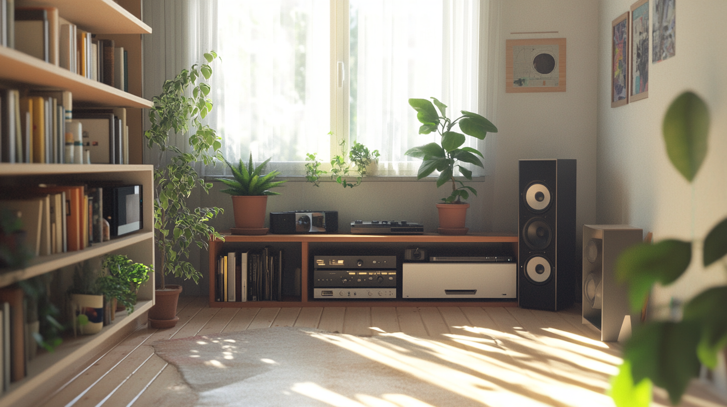 A bright room in a small apartment with plants.