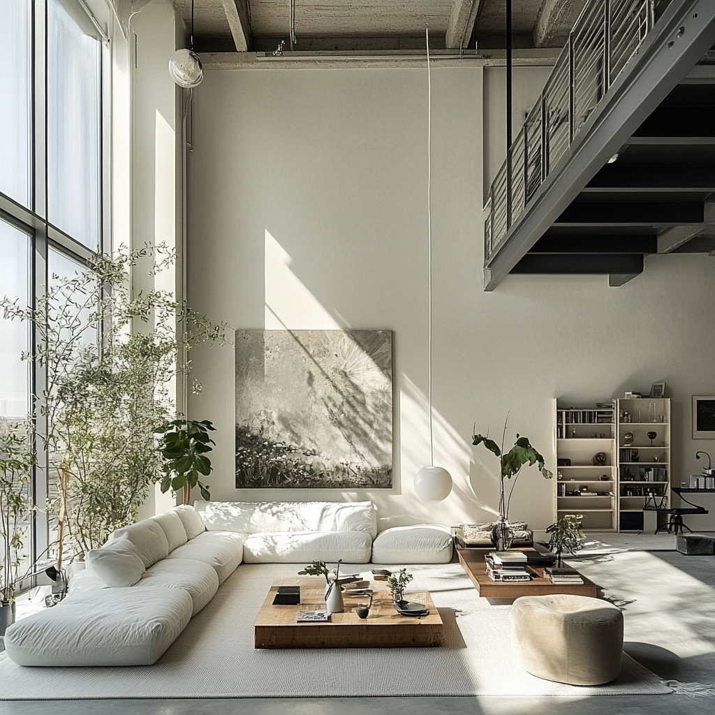 A bright spacious loft filled with plants and art.