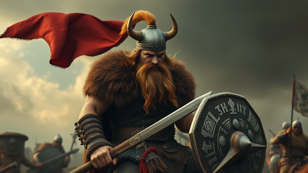 A brown Viking warrior in his armor.