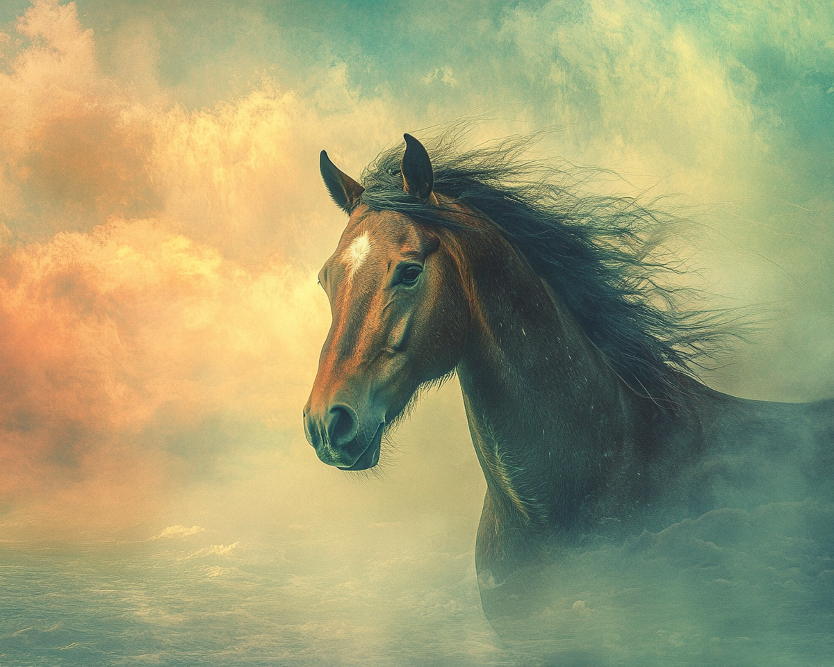 A brown horse moving on beach with wind blowing.