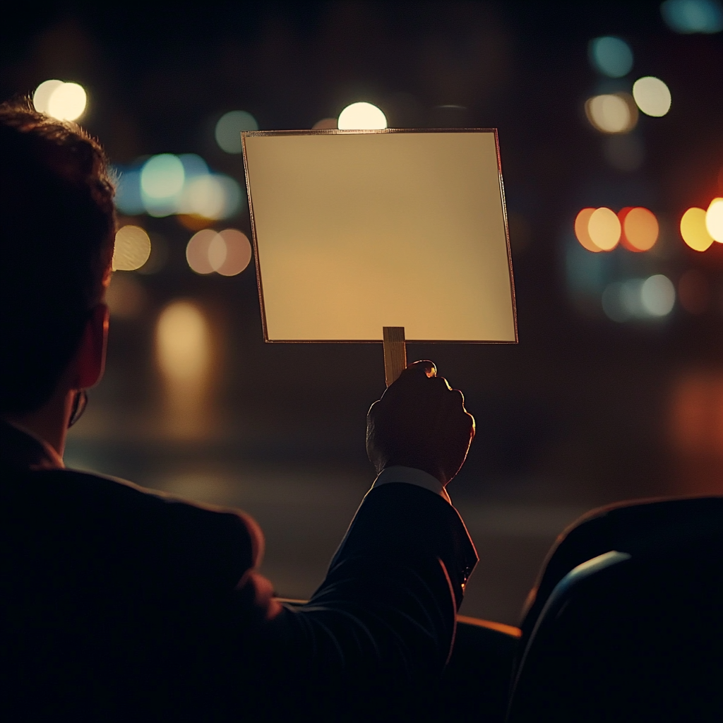 A businessman holding protest sign in taxi.