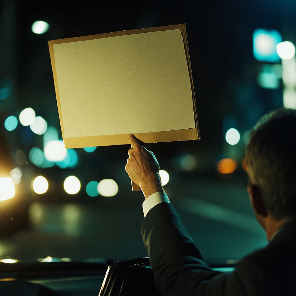 A businessman holds protest sign in taxi.