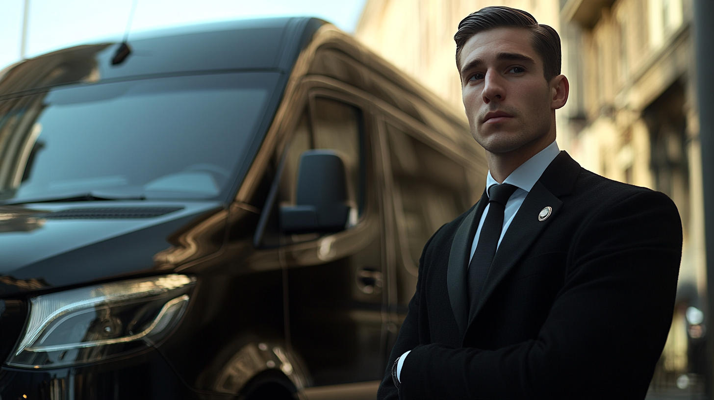 A businessman in black suit waiting by black Mercedes