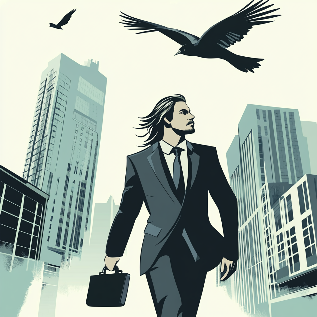 A businessman with long hair, briefcase in city