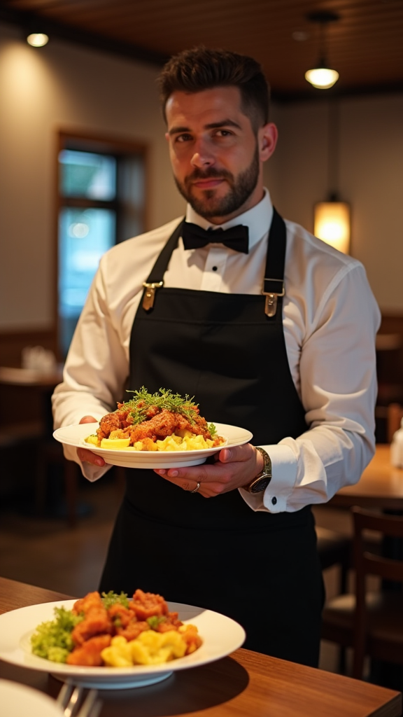 A busy American waiter serves food in restaurant.