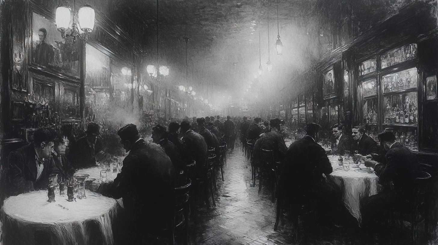 A busy saloon in Winter 1905 Italy