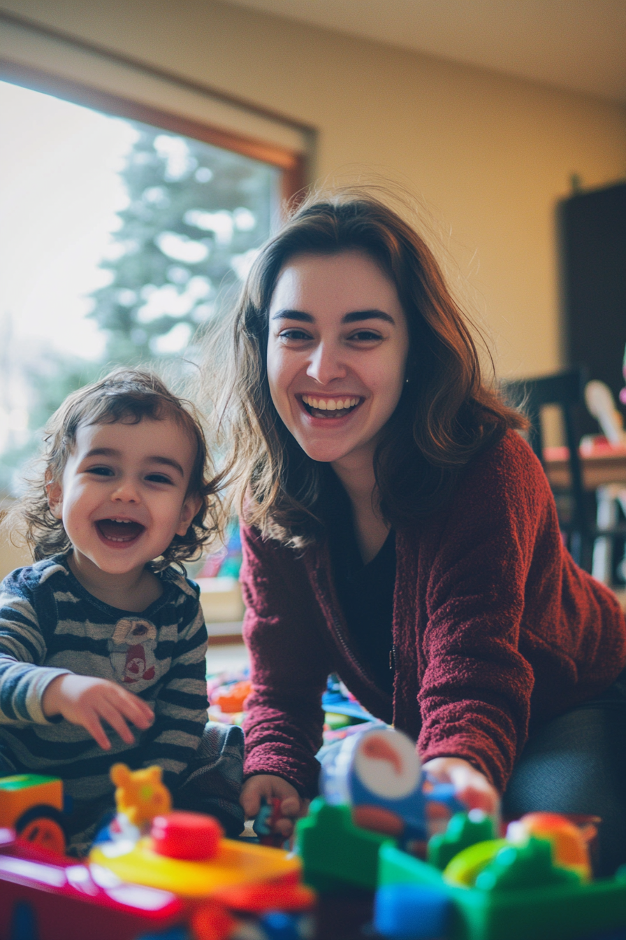 A caring mother playing with child, toys around