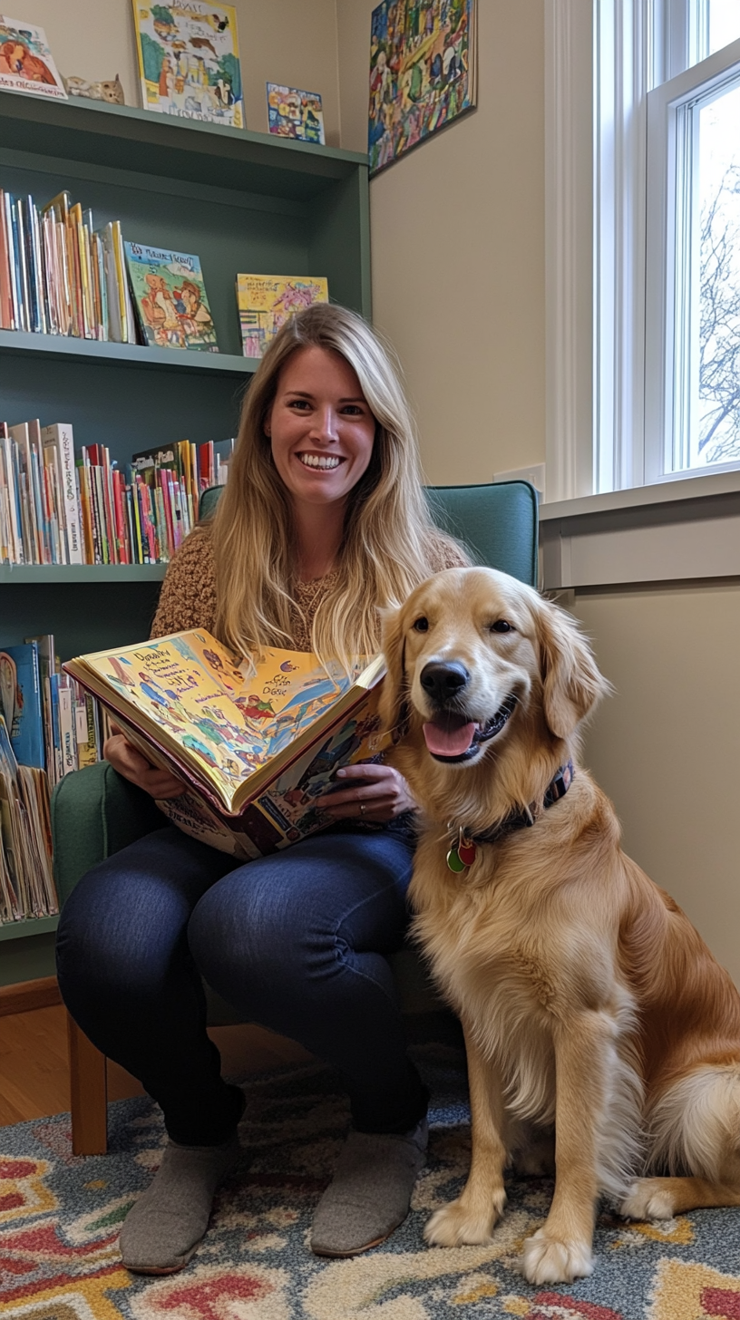 A caring woman reads children's book in class