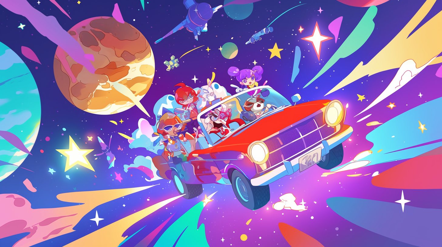 A cartoon car with characters travels through space