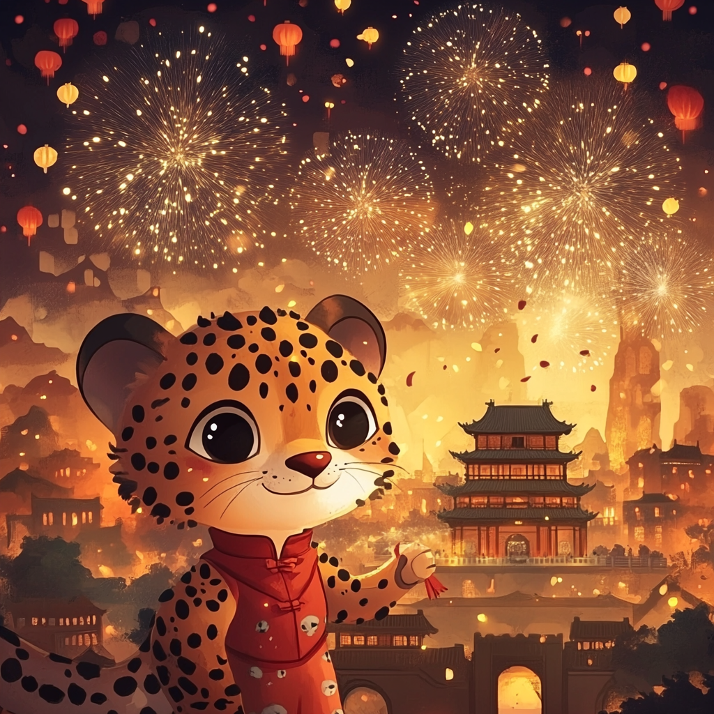 A cartoon cheetah playing fireworks on Chinese New Year