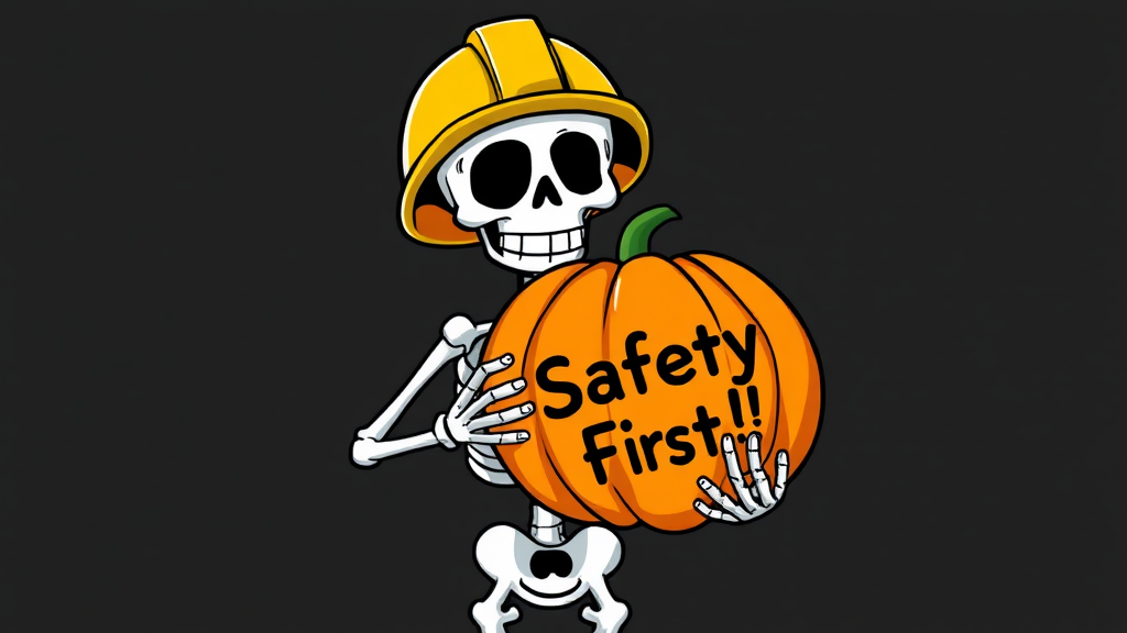 A cartoon skeleton promotes safety with pumpkin.