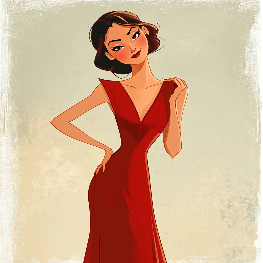 A cartoon woman in red dress