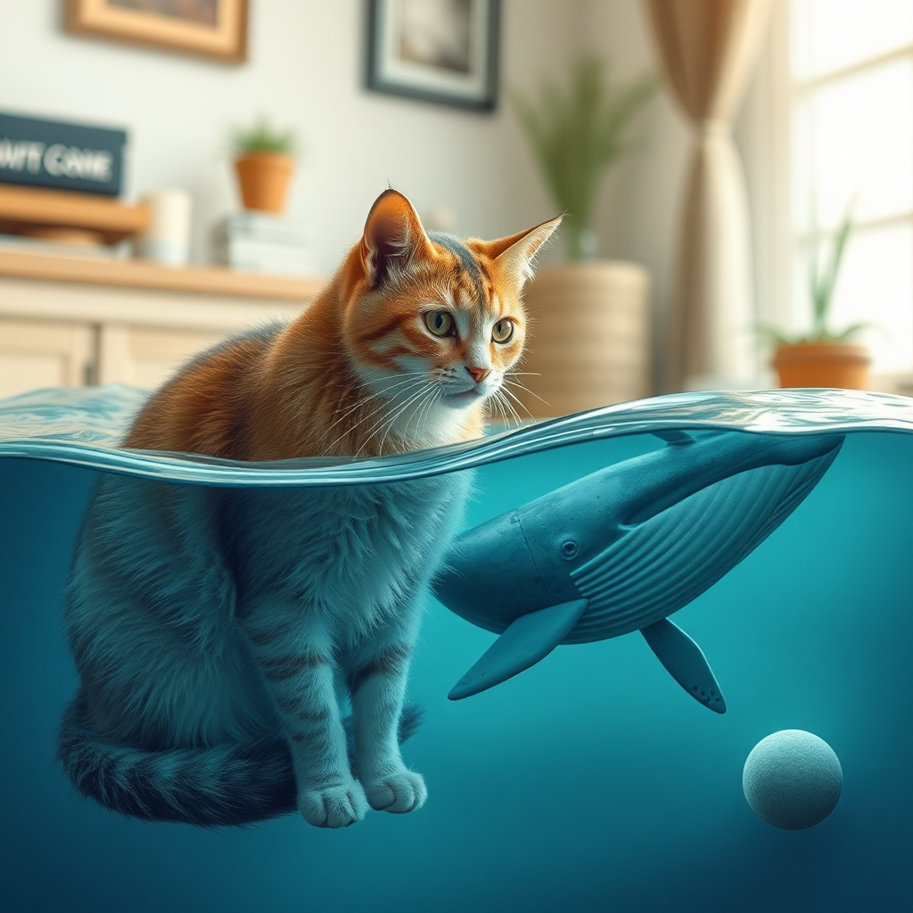 A cat and whale in the house.