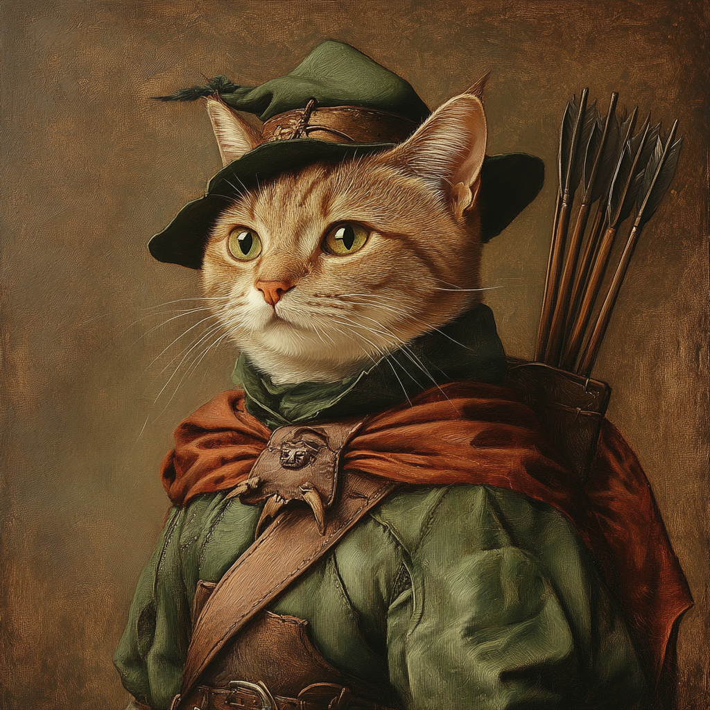 A cat dressed like Robin Hood with oil style.